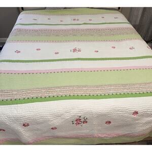 Bedspread Quilt Green Pink Rose Striped Shabby Chic Country Queen Size 87.5”x85”